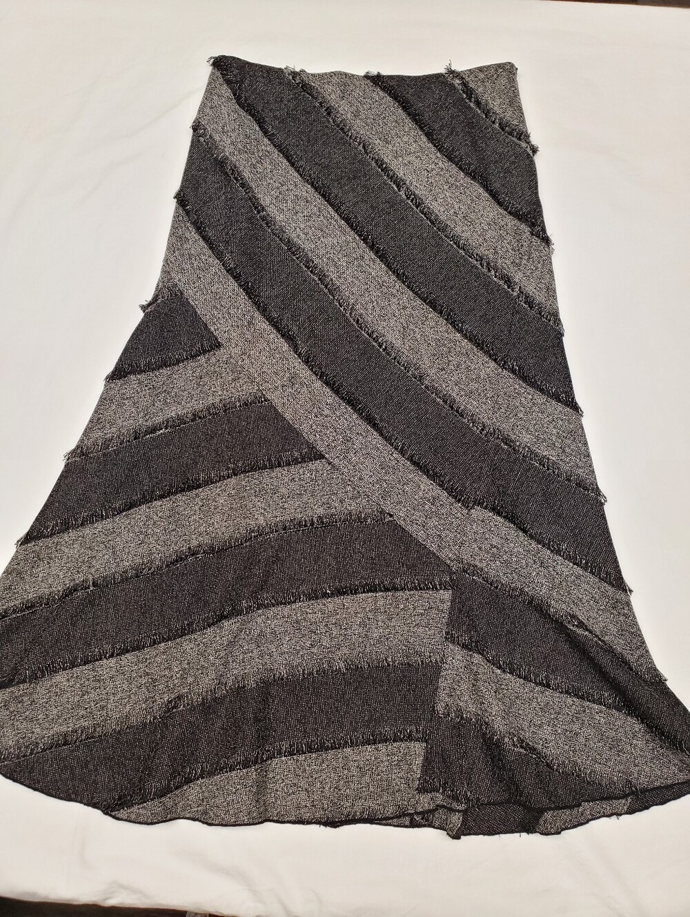 Lena Gabrielle Women's Black Gray Diagonal Fringe Stripe Textured Midi Skirt 8